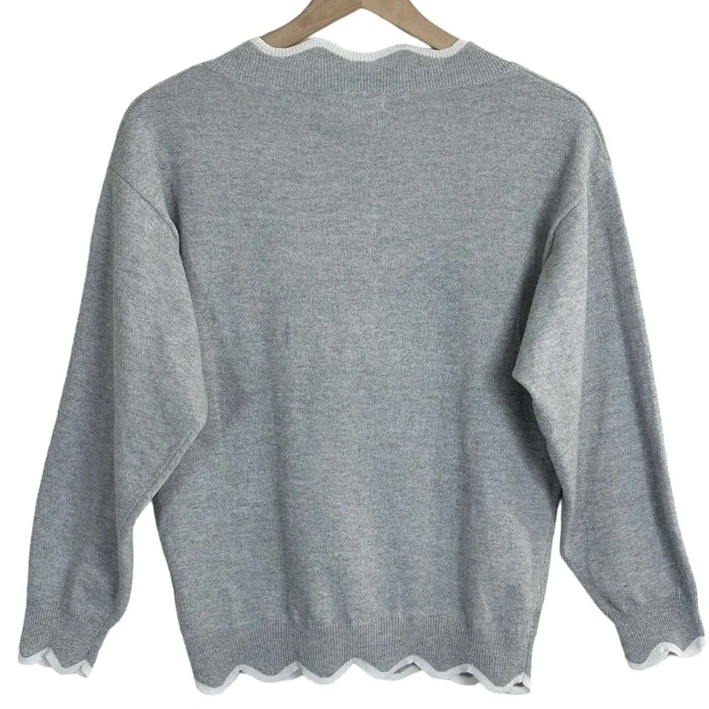 Knitted Wool Gray White Scalloped Neckline Pullover Sweater Misslook Medium - Picture 4 of 14